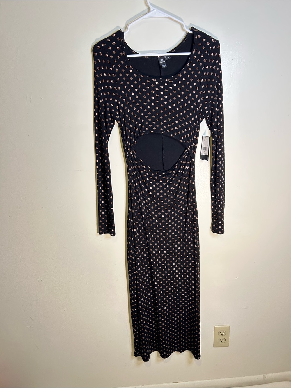 Volcom Women’s Floral Scoop Neck Long Sleeve Cut Out Bodycon Midi Dress S Black